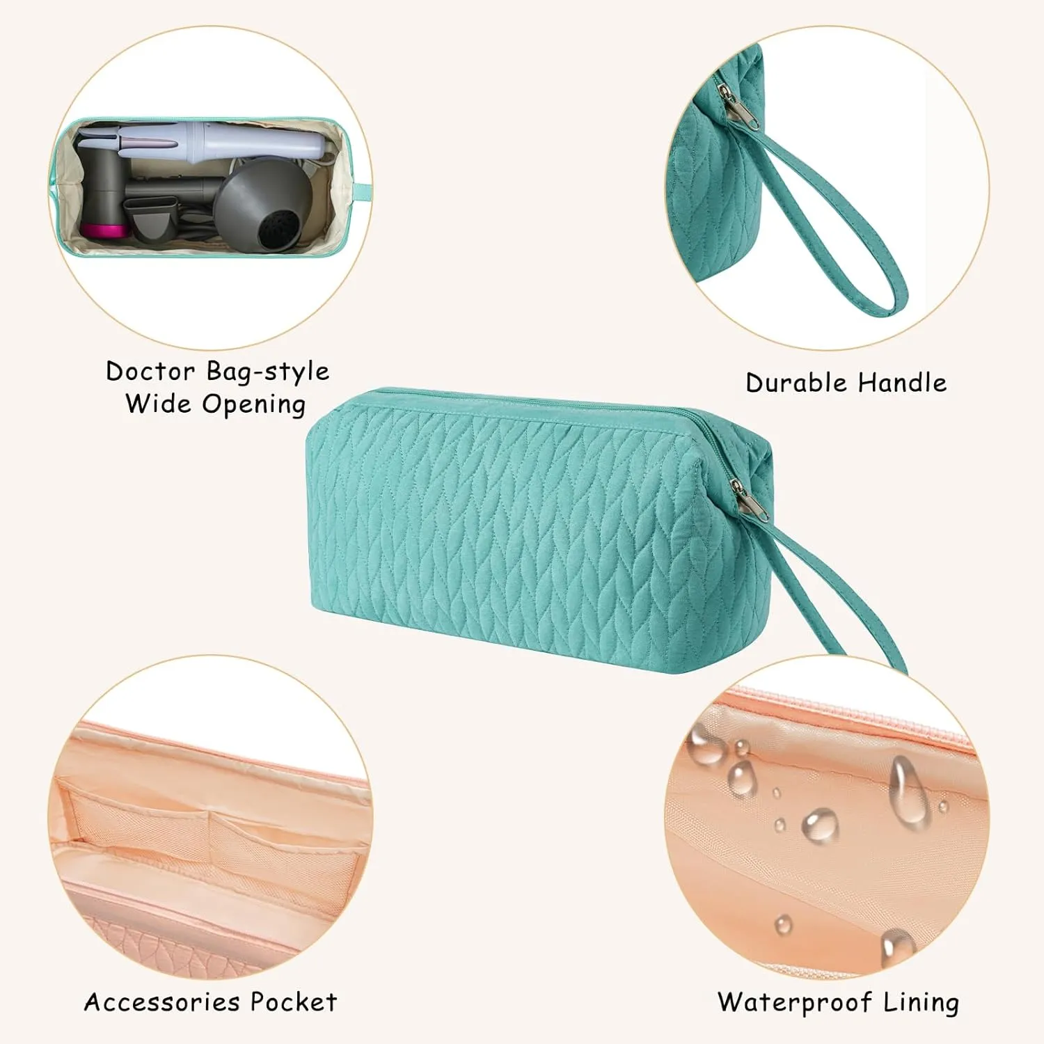 Large Quilted Cotton Portable Hair Tools Organizer Bag with Handle, Travel Hair Styling Accessories Storage Case for Flat Irons,Straightener,Curling Iron,Hair Dryer(Blue)