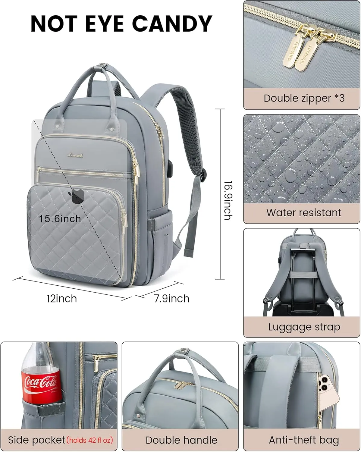 LOVEVOOK Laptop Backpack for Women, 15.6 Inch, Grey, Water Resistant, Lightweight, USB Charging, Quilted Commuter Backpack, 27 Layer Capacity