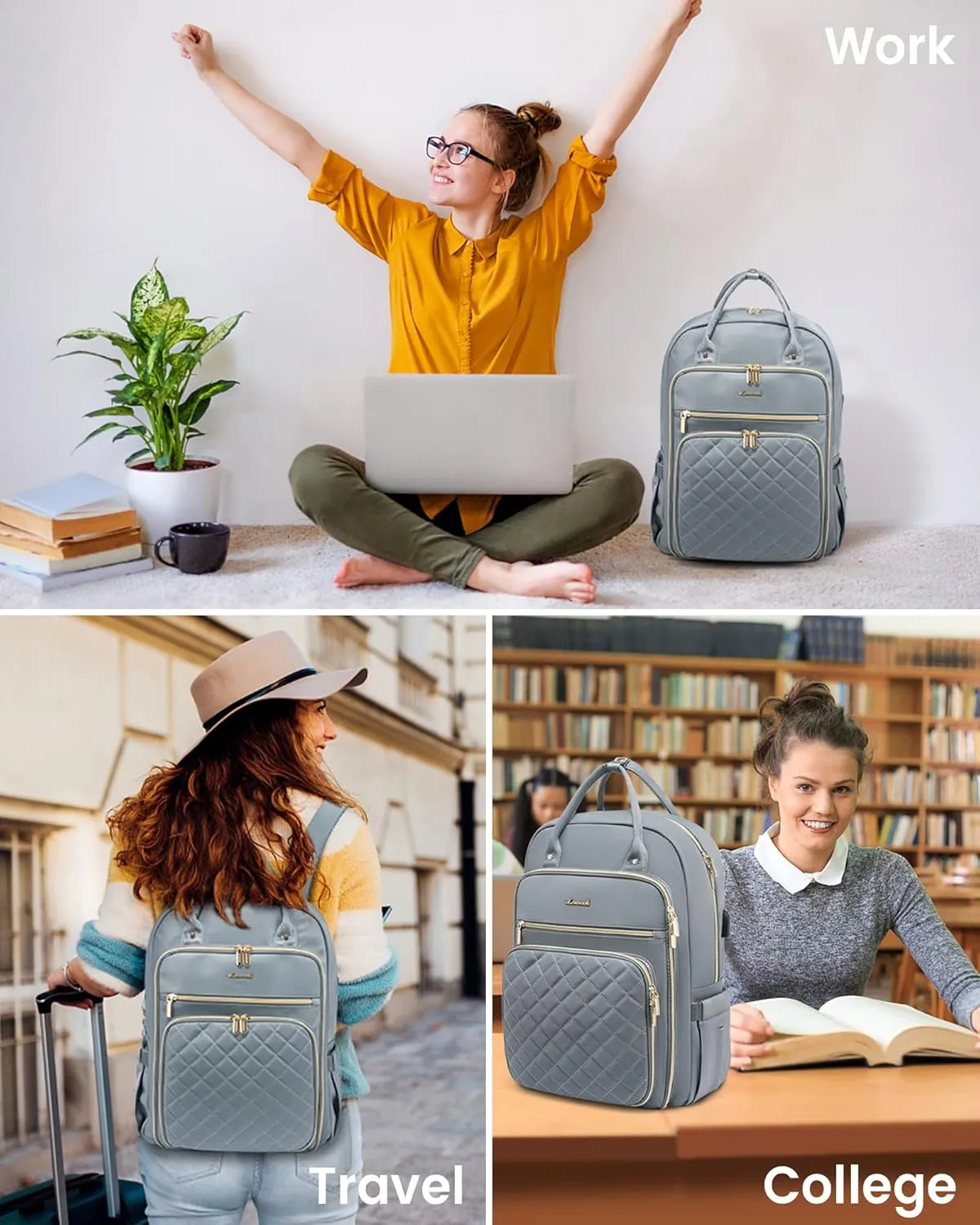 LOVEVOOK Laptop Backpack for Women, 15.6 Inch, Grey, Water Resistant, Lightweight, USB Charging, Quilted Commuter Backpack, 27 Layer Capacity