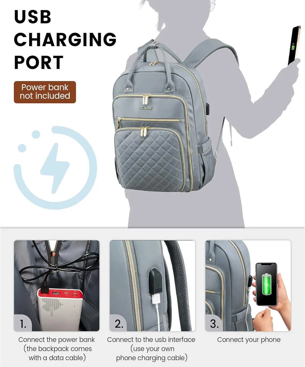LOVEVOOK Laptop Backpack for Women, 15.6 Inch, Grey, Water Resistant, Lightweight, USB Charging, Quilted Commuter Backpack, 27 Layer Capacity