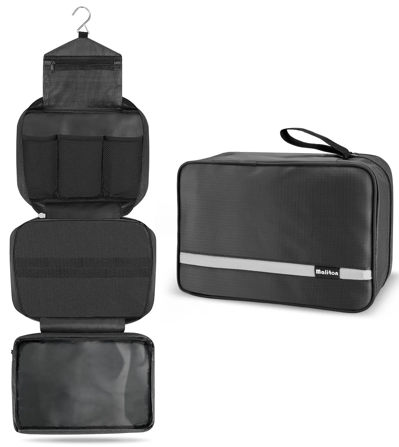Maliton Toiletry Bag for Men & Women Large Toiletry Bags for Traveling Hanging Toiletry Bag Hygiene Bag with 4 Compartments Waterproof Bathroom Shower Bag (Black)