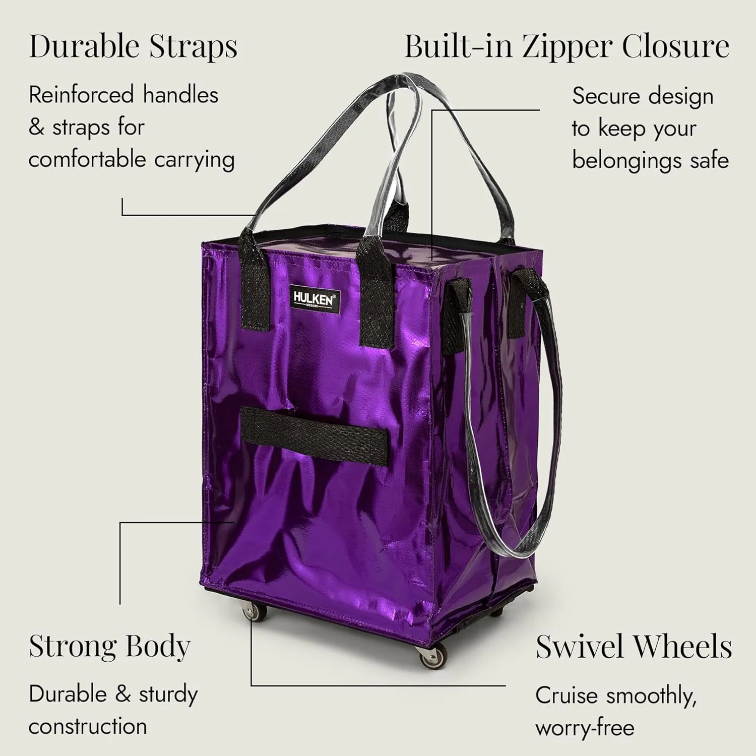 (Medium, Ultraviolet Reusable Grocery Bag On Wheels, Shopping Trolley, Rolling Tote, Zipper Closure, Lightweight, Carries Up to 66 lb, Folds Flat, Unbreakable Handles