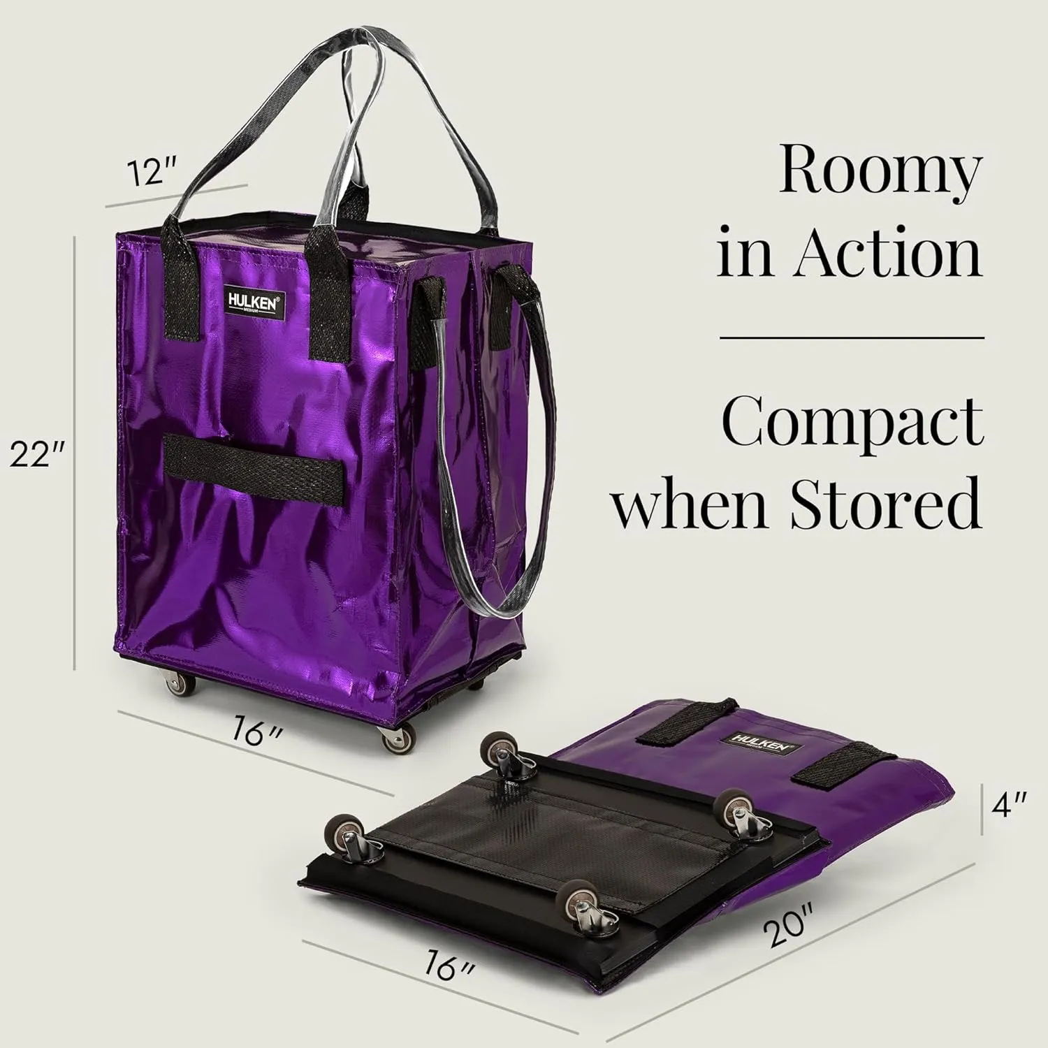 (Medium, Ultraviolet Reusable Grocery Bag On Wheels, Shopping Trolley, Rolling Tote, Zipper Closure, Lightweight, Carries Up to 66 lb, Folds Flat, Unbreakable Handles
