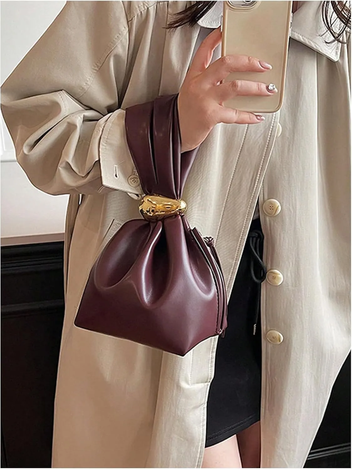 OYOANGLE Women's Vintage Knot Clutch Purse Ruched Leather Wristlet Handgbag Zipper Closure Evening Bags