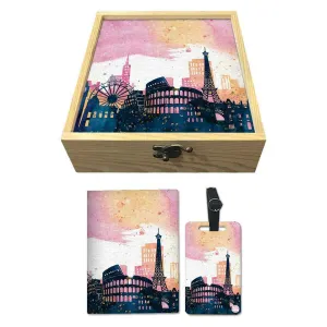 Passport Cover Luggage Tag Wooden Gift Box Set - City