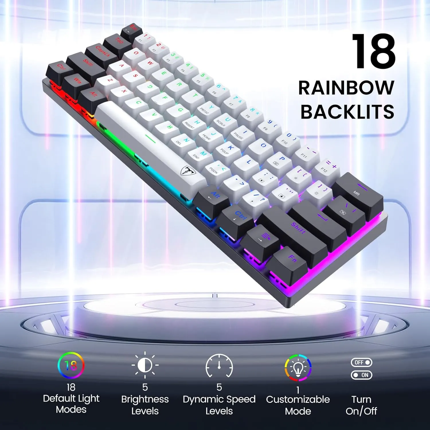 Portable 60% Mechanical Gaming Keyboard,Wired Ergonomic Keyboard with Red Switches,18 LED Backlit Keyboard,61 Keys Ultra-Compact Mini Office Keyboard for PC/Mac/Xbox,Easy to Carry On Trip-Black/White