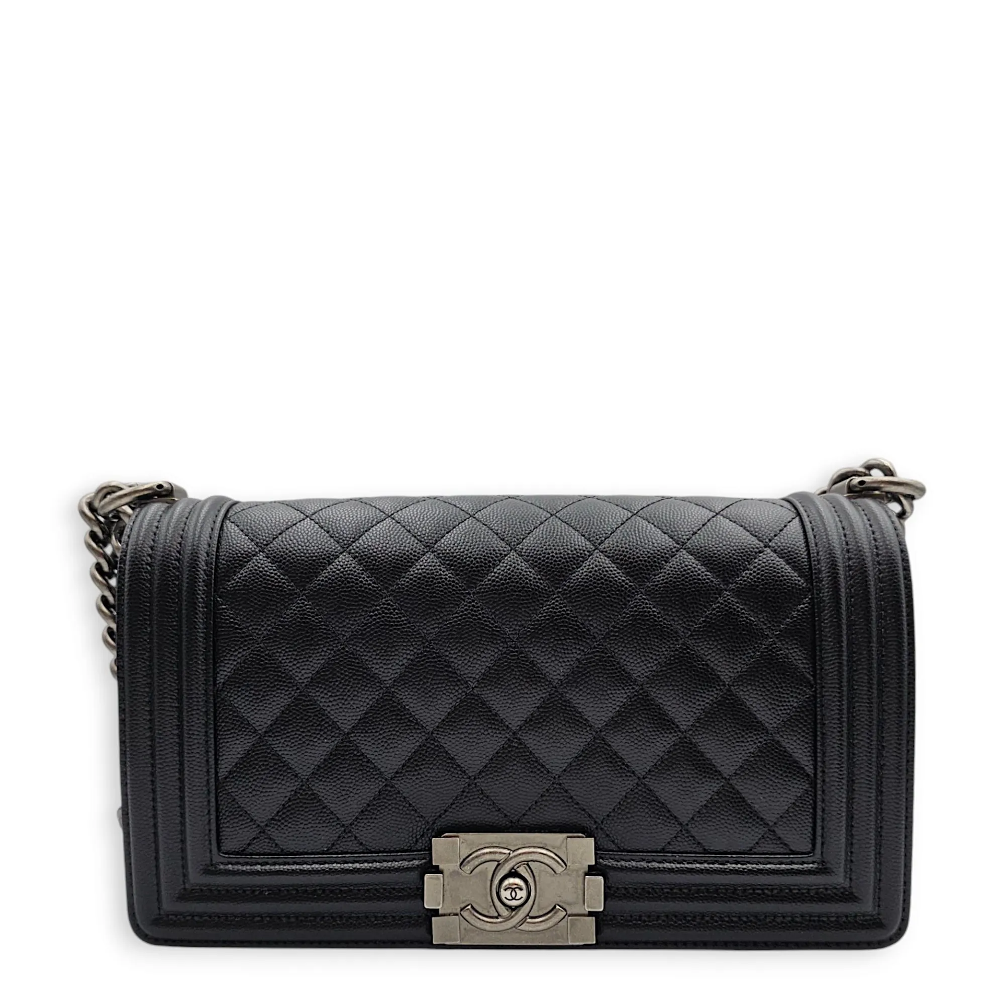Quilted Boy (25cm) Medium Black Crossbody Bag in Caviar Leather, Ruthenium hardware