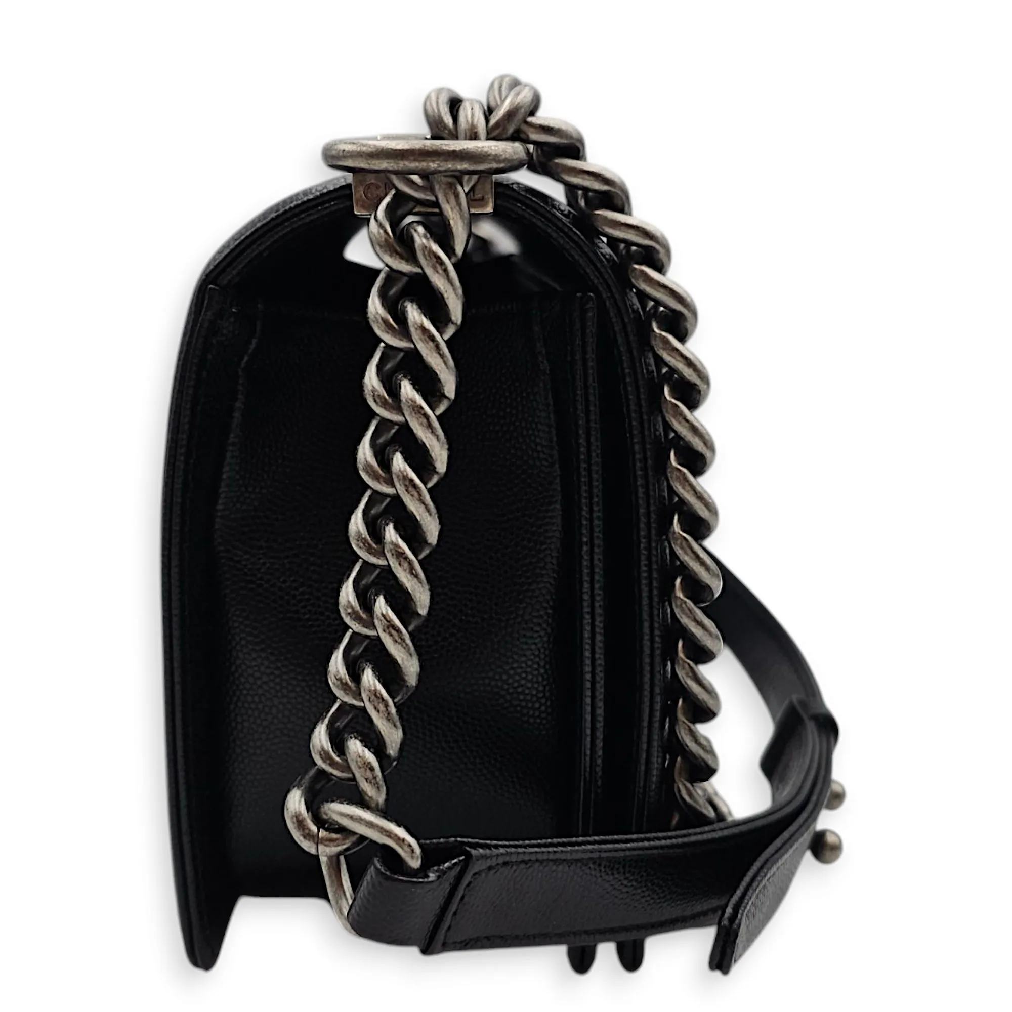 Quilted Boy (25cm) Medium Black Crossbody Bag in Caviar Leather, Ruthenium hardware