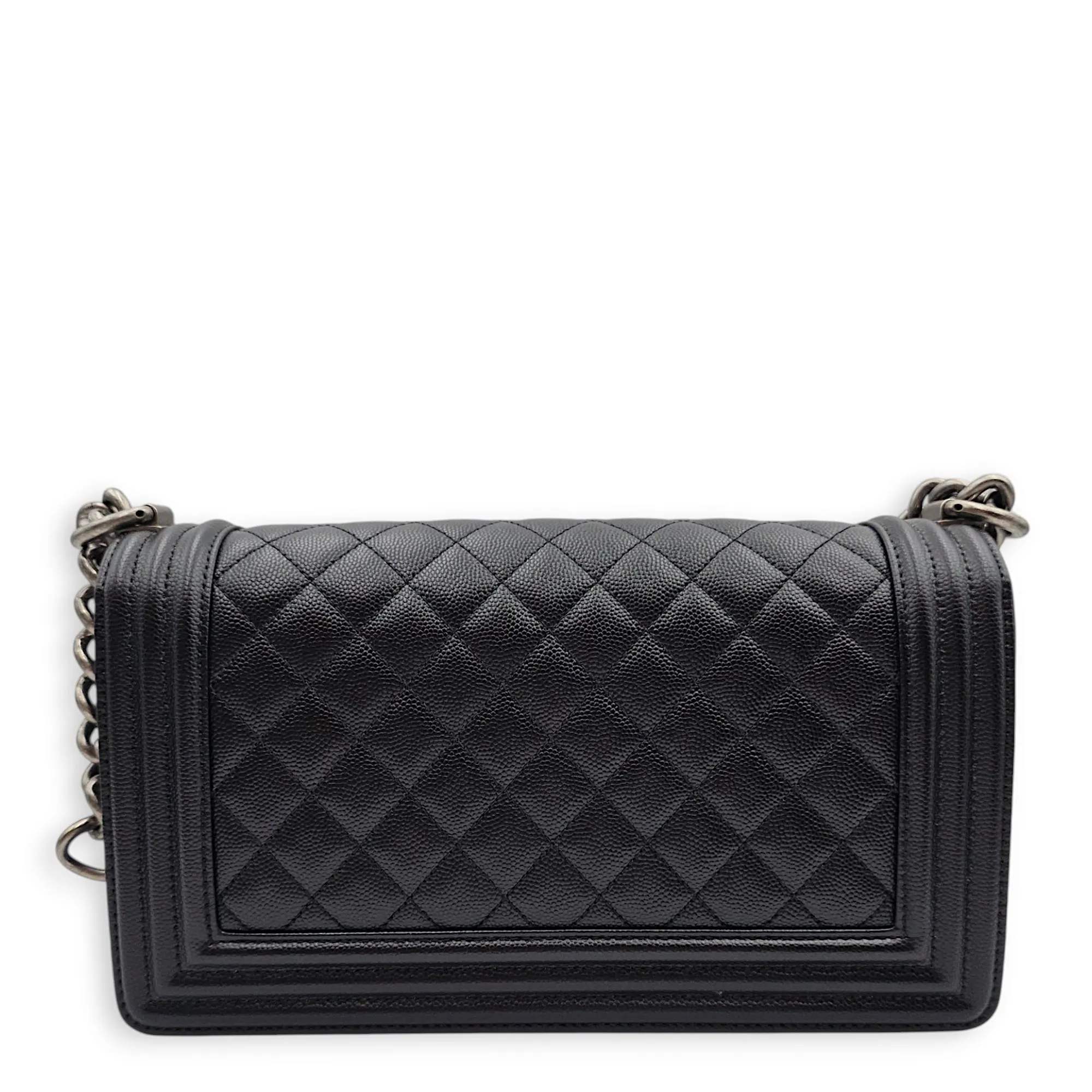 Quilted Boy (25cm) Medium Black Crossbody Bag in Caviar Leather, Ruthenium hardware