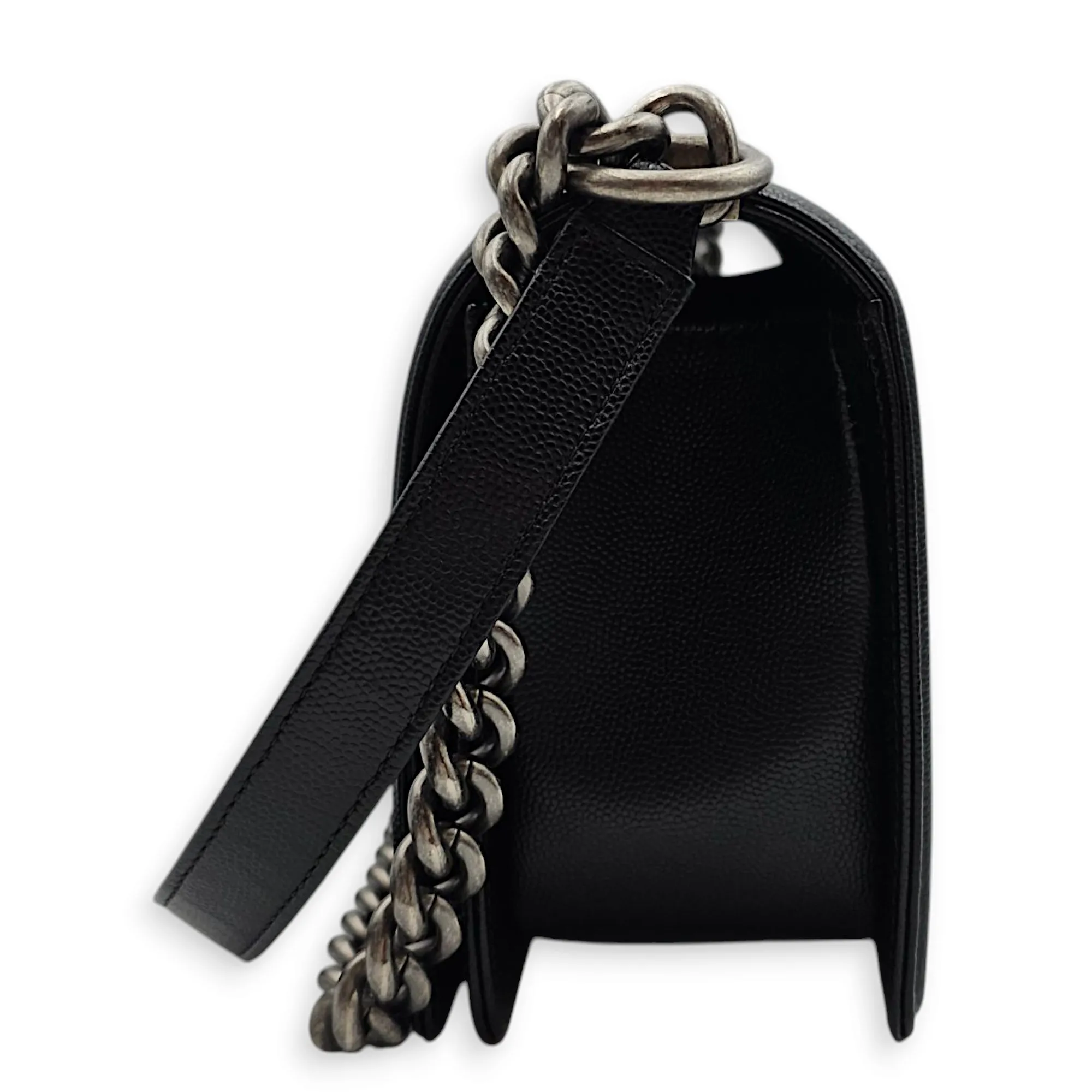 Quilted Boy (25cm) Medium Black Crossbody Bag in Caviar Leather, Ruthenium hardware