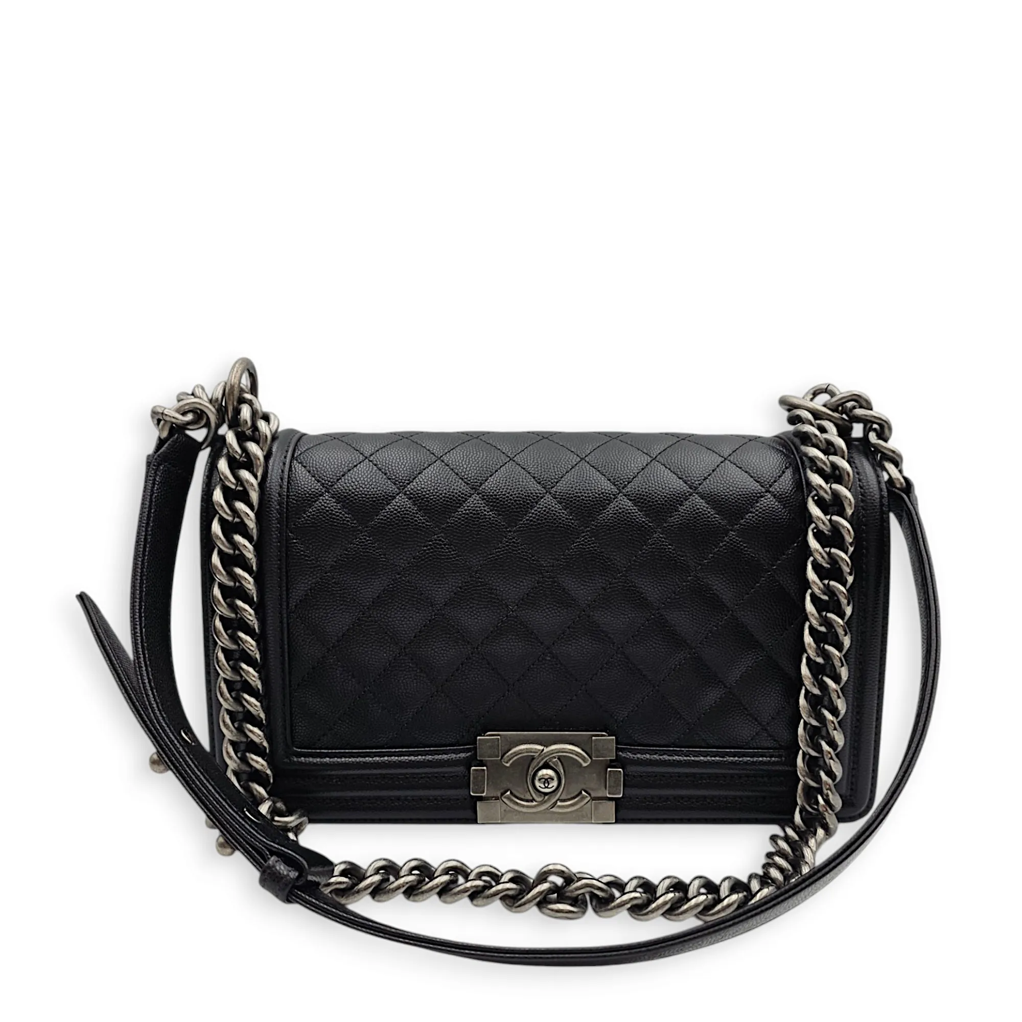 Quilted Boy (25cm) Medium Black Crossbody Bag in Caviar Leather, Ruthenium hardware