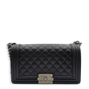 Quilted Boy (25cm) Medium Black Crossbody Bag in Caviar Leather, Ruthenium hardware