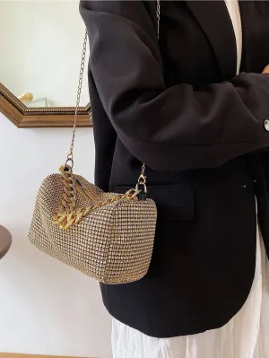 SHEIN Fashion Evening Bag, Round Cylinder Full Rhinestones Chain Crossbody Bag, Zipper Closure Versatile Shoulder Bag, Sparkly Casual Bag