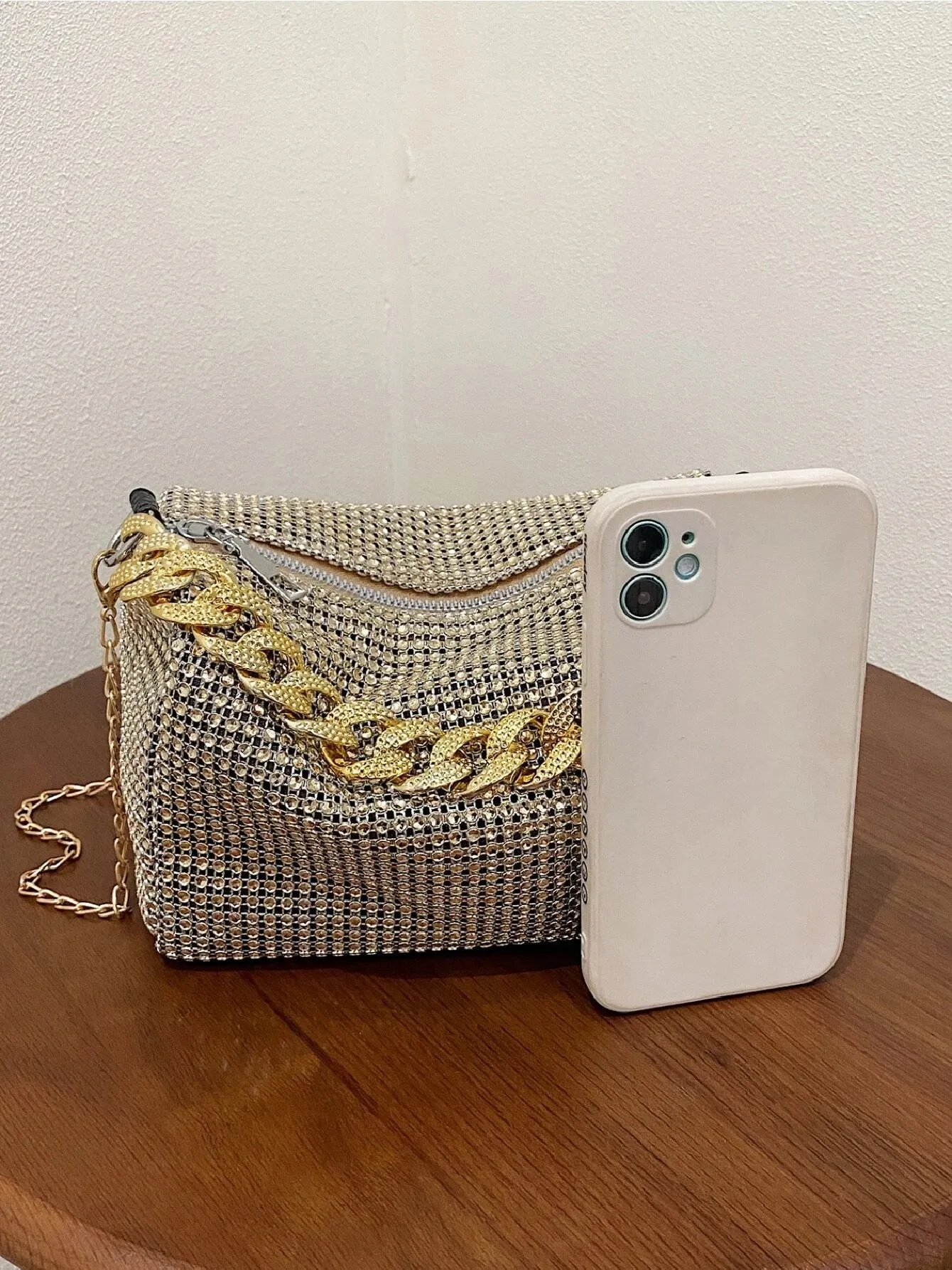 SHEIN Fashion Evening Bag, Round Cylinder Full Rhinestones Chain Crossbody Bag, Zipper Closure Versatile Shoulder Bag, Sparkly Casual Bag
