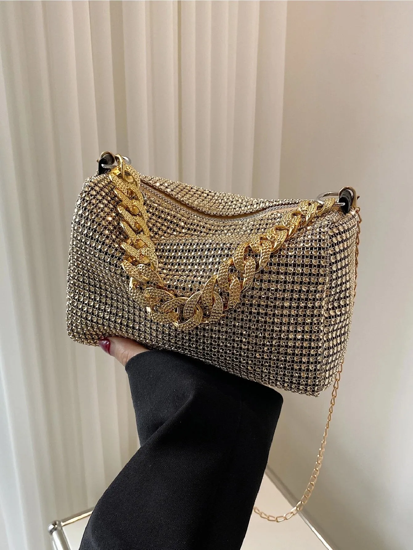 SHEIN Fashion Evening Bag, Round Cylinder Full Rhinestones Chain Crossbody Bag, Zipper Closure Versatile Shoulder Bag, Sparkly Casual Bag