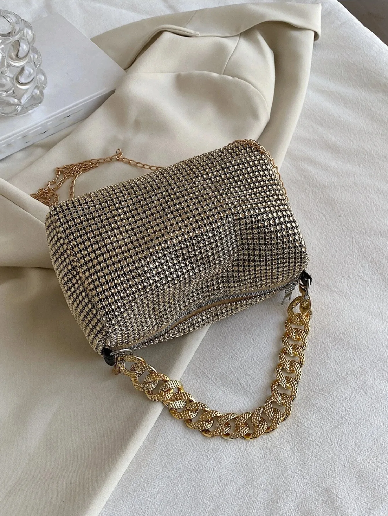 SHEIN Fashion Evening Bag, Round Cylinder Full Rhinestones Chain Crossbody Bag, Zipper Closure Versatile Shoulder Bag, Sparkly Casual Bag