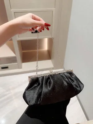 SHEIN Women's Delicate Satin Evening Bag With Rhinestone Decoration, Clutch Bag, Party Bag, Prom Bag, Chain Handbag