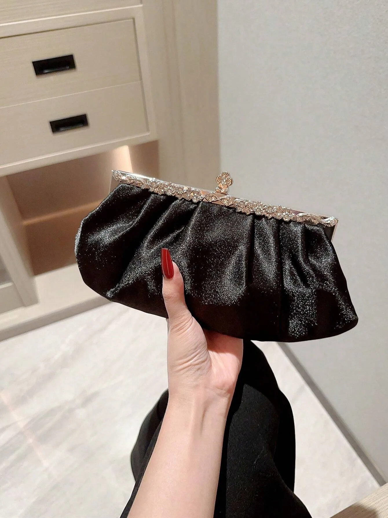 SHEIN Women's Delicate Satin Evening Bag With Rhinestone Decoration, Clutch Bag, Party Bag, Prom Bag, Chain Handbag