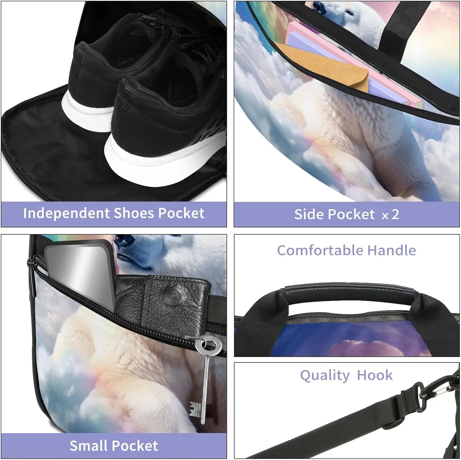 Sports Gym Bag for Women, Sport Duffle Workout Bags with Shoe Compartment, Small Womens Gym Bags, Bear Cloud Rainbow - 4