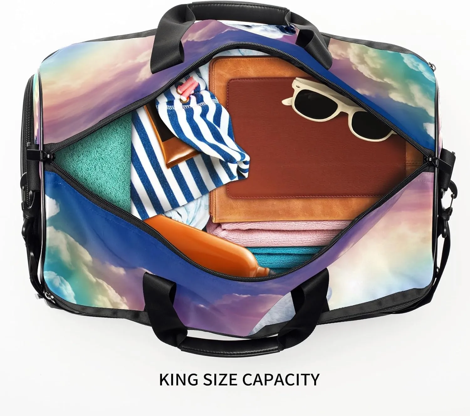 Sports Gym Bag for Women, Sport Duffle Workout Bags with Shoe Compartment, Small Womens Gym Bags, Bear Cloud Rainbow - 4
