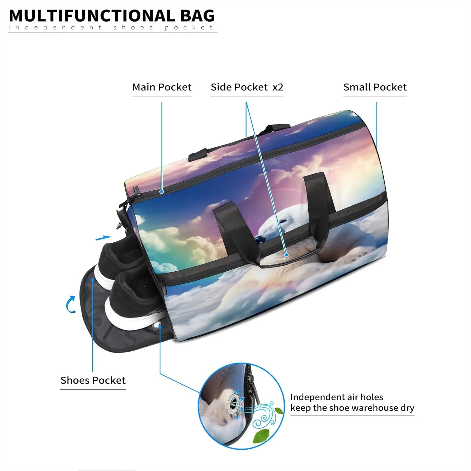 Sports Gym Bag for Women, Sport Duffle Workout Bags with Shoe Compartment, Small Womens Gym Bags, Bear Cloud Rainbow - 4