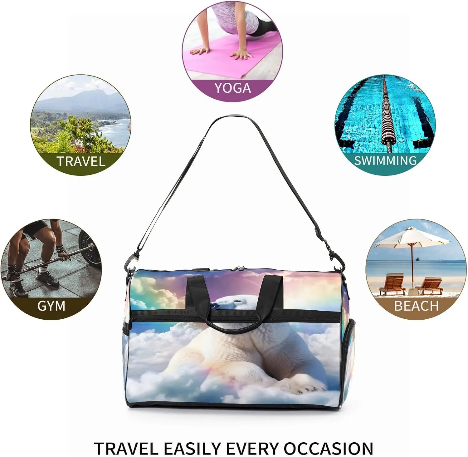 Sports Gym Bag for Women, Sport Duffle Workout Bags with Shoe Compartment, Small Womens Gym Bags, Bear Cloud Rainbow - 4