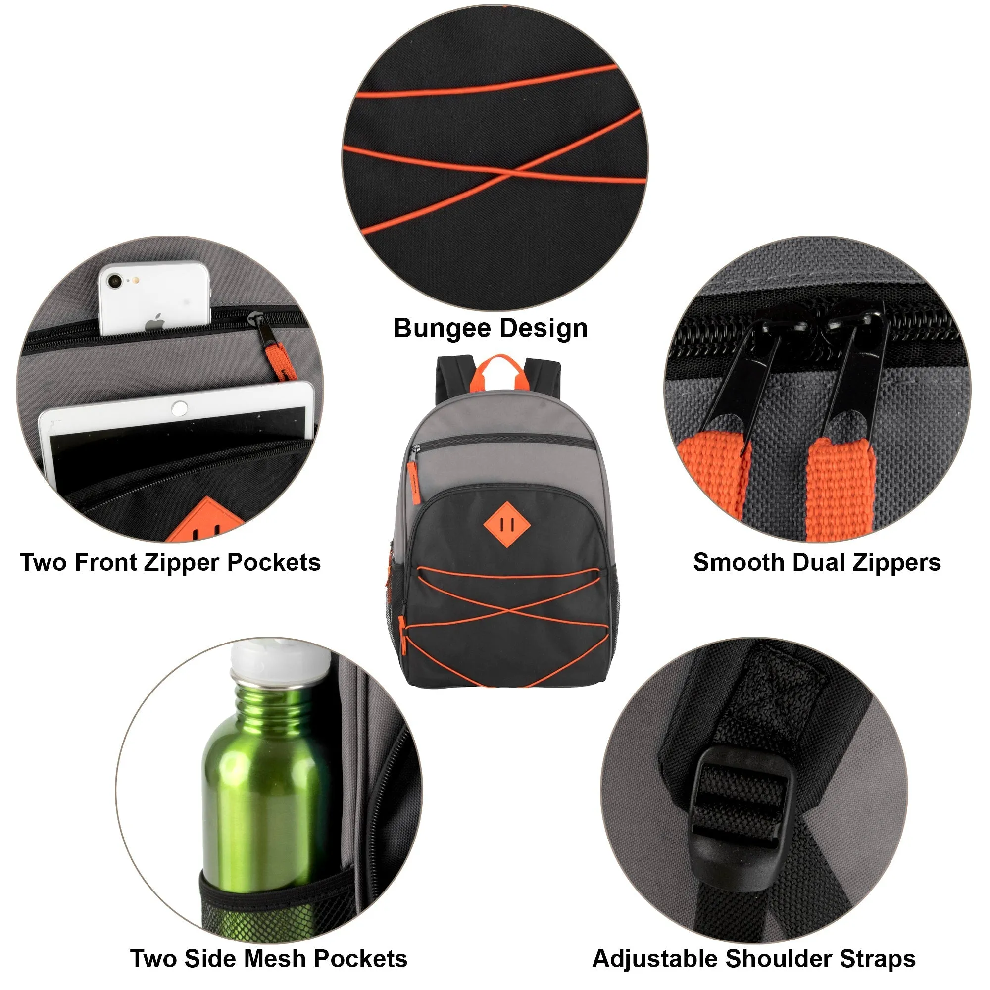 Wholesale 17 Inch Multi Pocket Bungee Backpack - 5 Colors