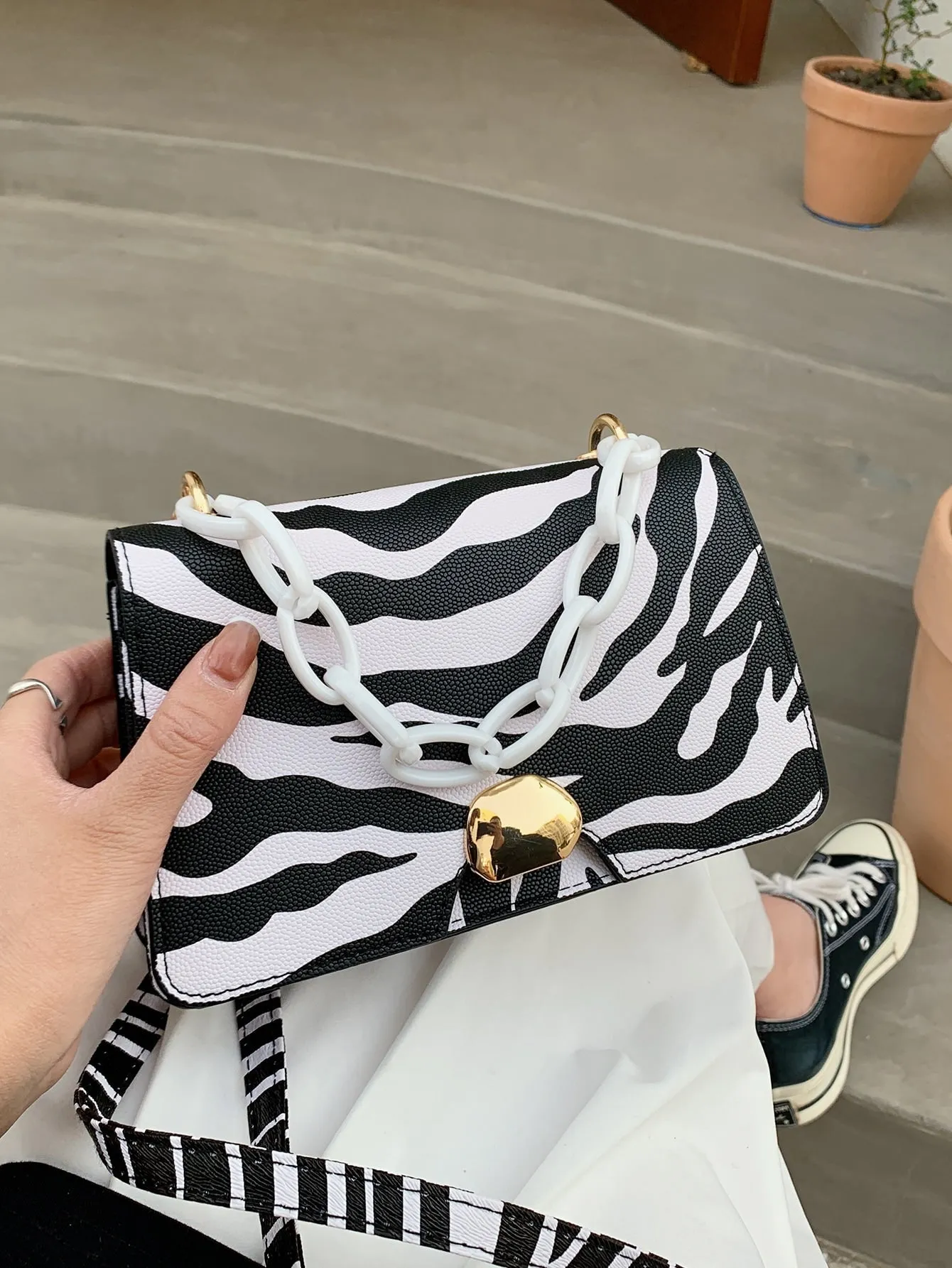 Zebra Striped Chain Satchel Bag