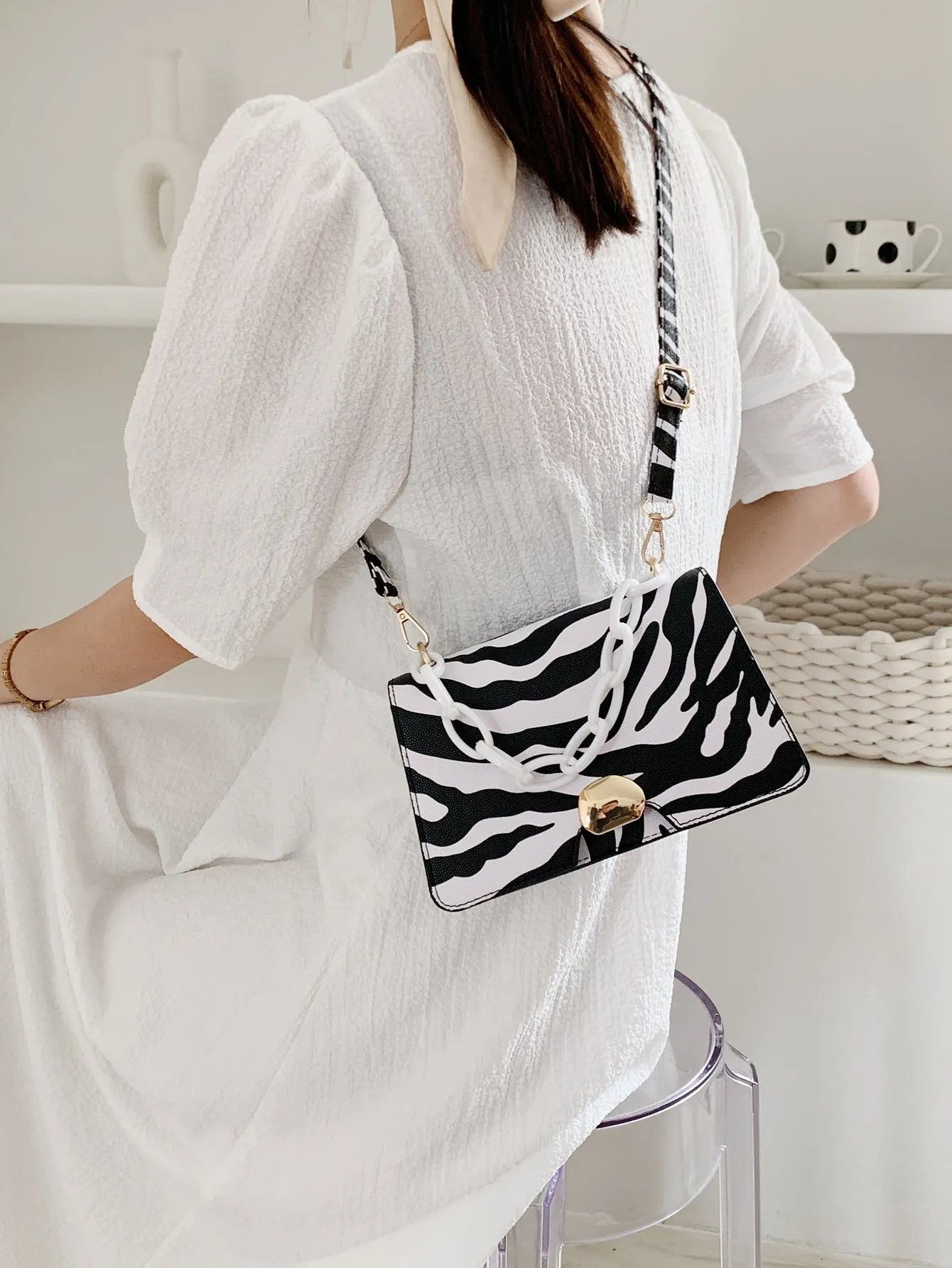 Zebra Striped Chain Satchel Bag