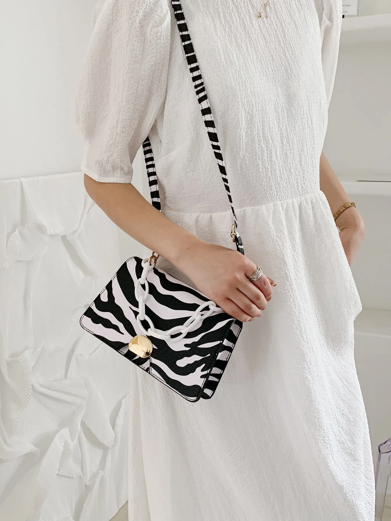 Zebra Striped Chain Satchel Bag