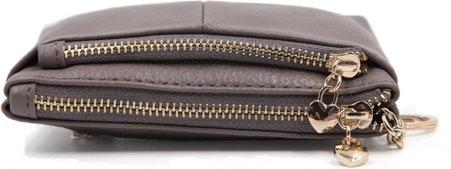ZOOEASS Women Genuine Leather Zip Mini Coin Purse With Key Ring Triple Zipper Card Holder Wallet